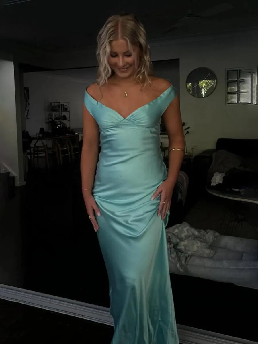 Off the Shoulder Sheath Satin Long Prom Dresses