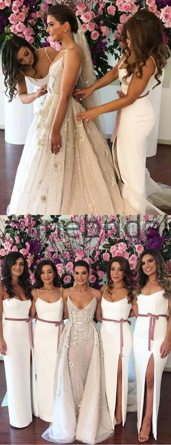 Off White Spaghetti Strap Slit Sheath Rose Ribbon Bridesmaid Dresses, AB4058