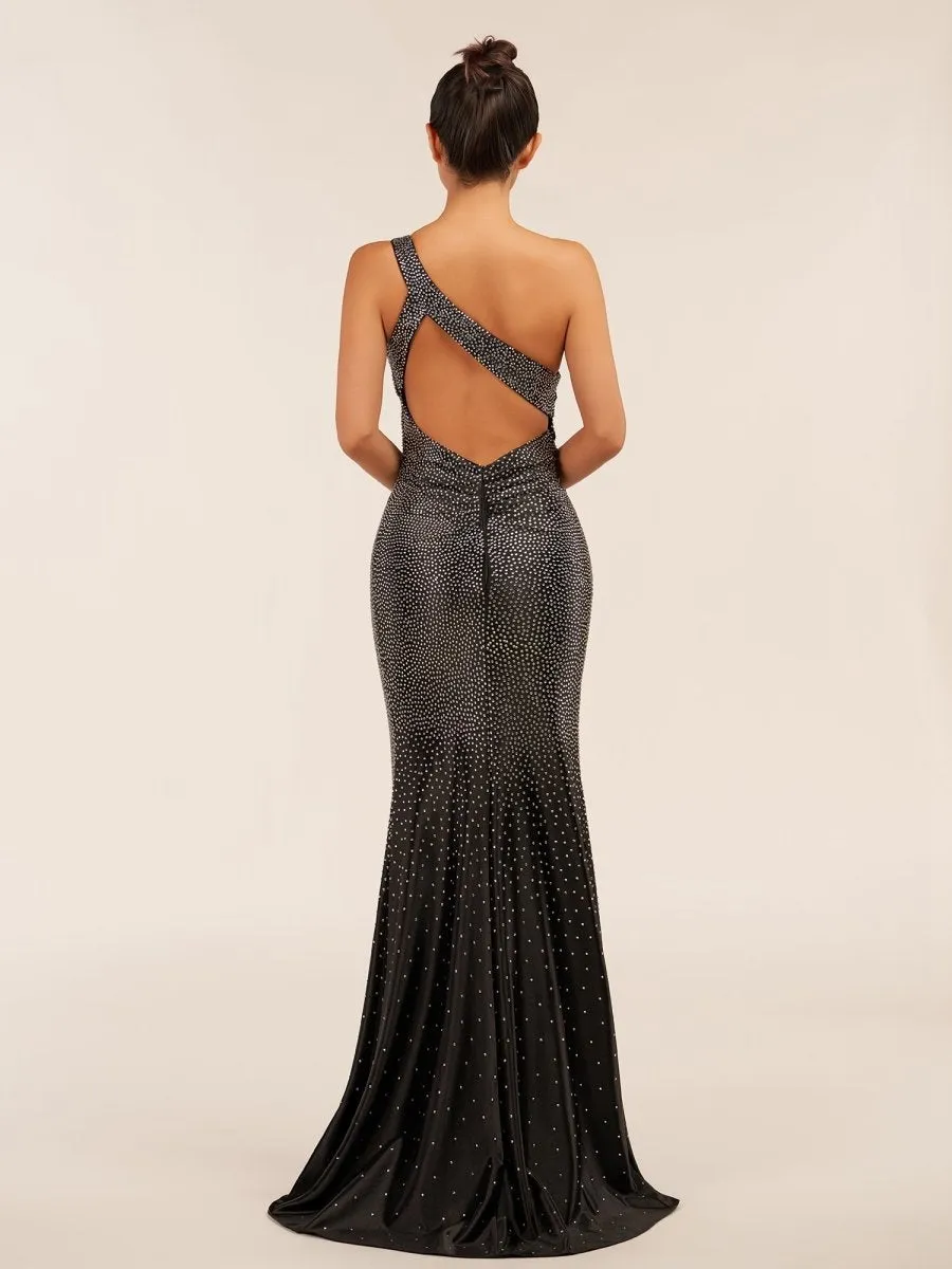One Shoulder Sheath Beaded Prom Dresses with Split