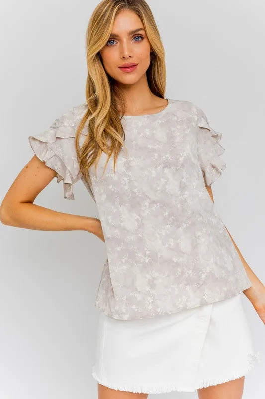 Overlap Ruffle Sleeve Ditsy Print Top