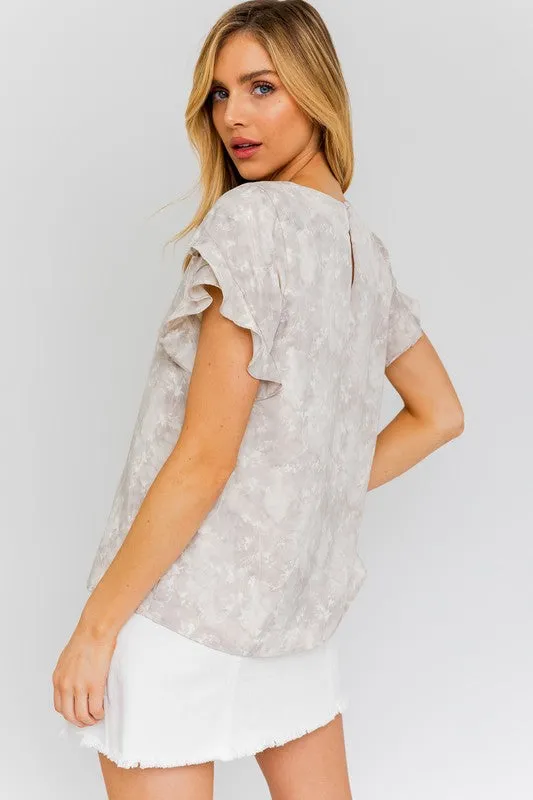 Overlap Ruffle Sleeve Ditsy Print Top