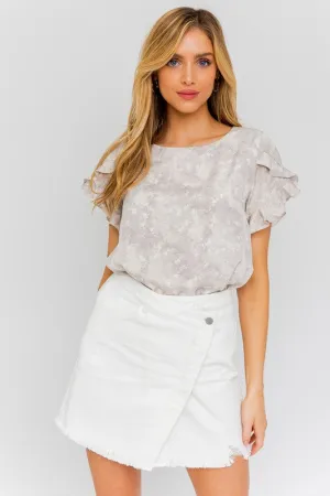 Overlap Ruffle Sleeve Ditsy Print Top