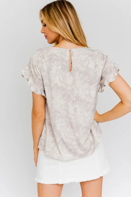 Overlap Ruffle Sleeve Ditsy Print Top