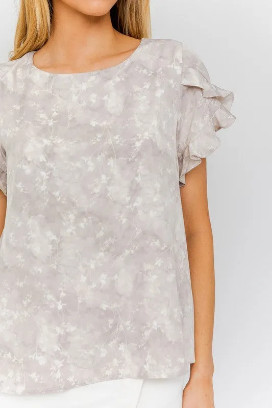 Overlap Ruffle Sleeve Ditsy Print Top