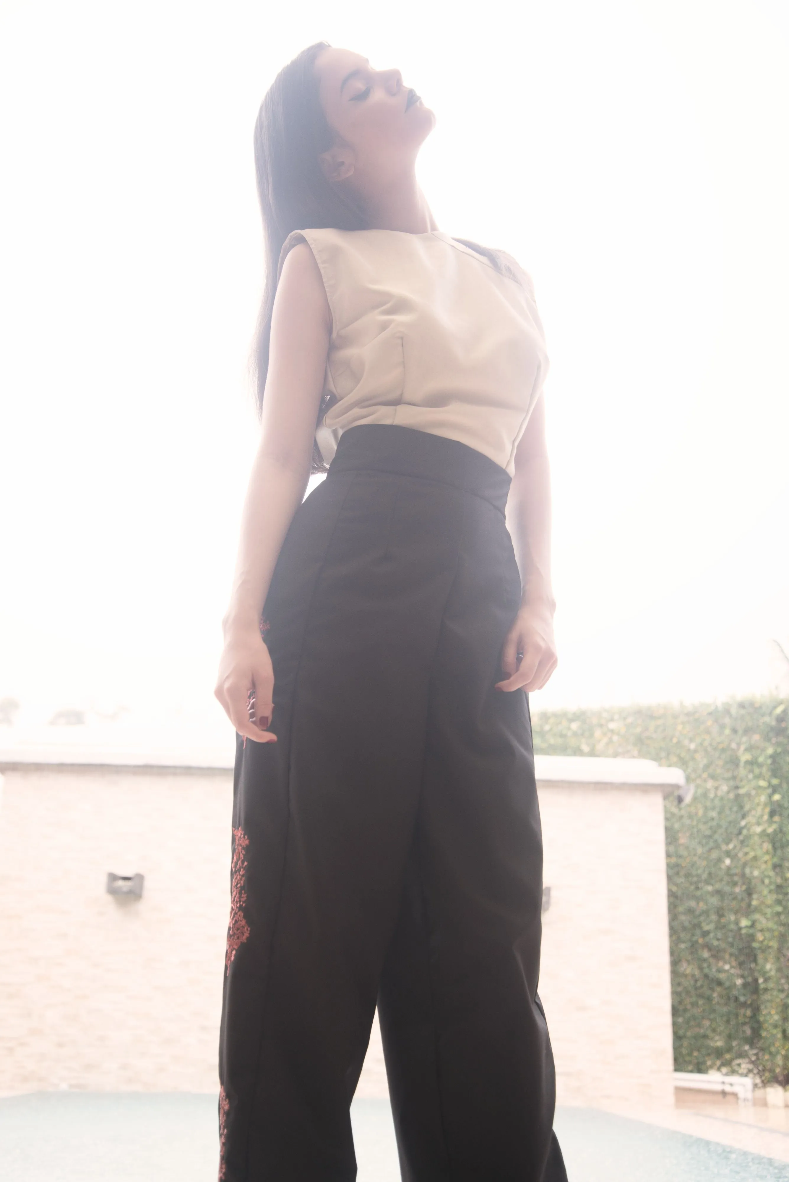 Pants with embroidery in the sides