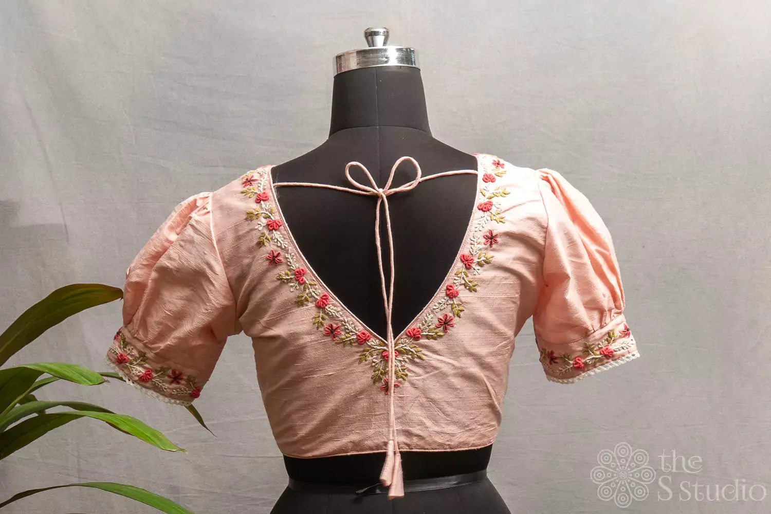 Pastel pink raw silk readymade blouse with puff sleeves