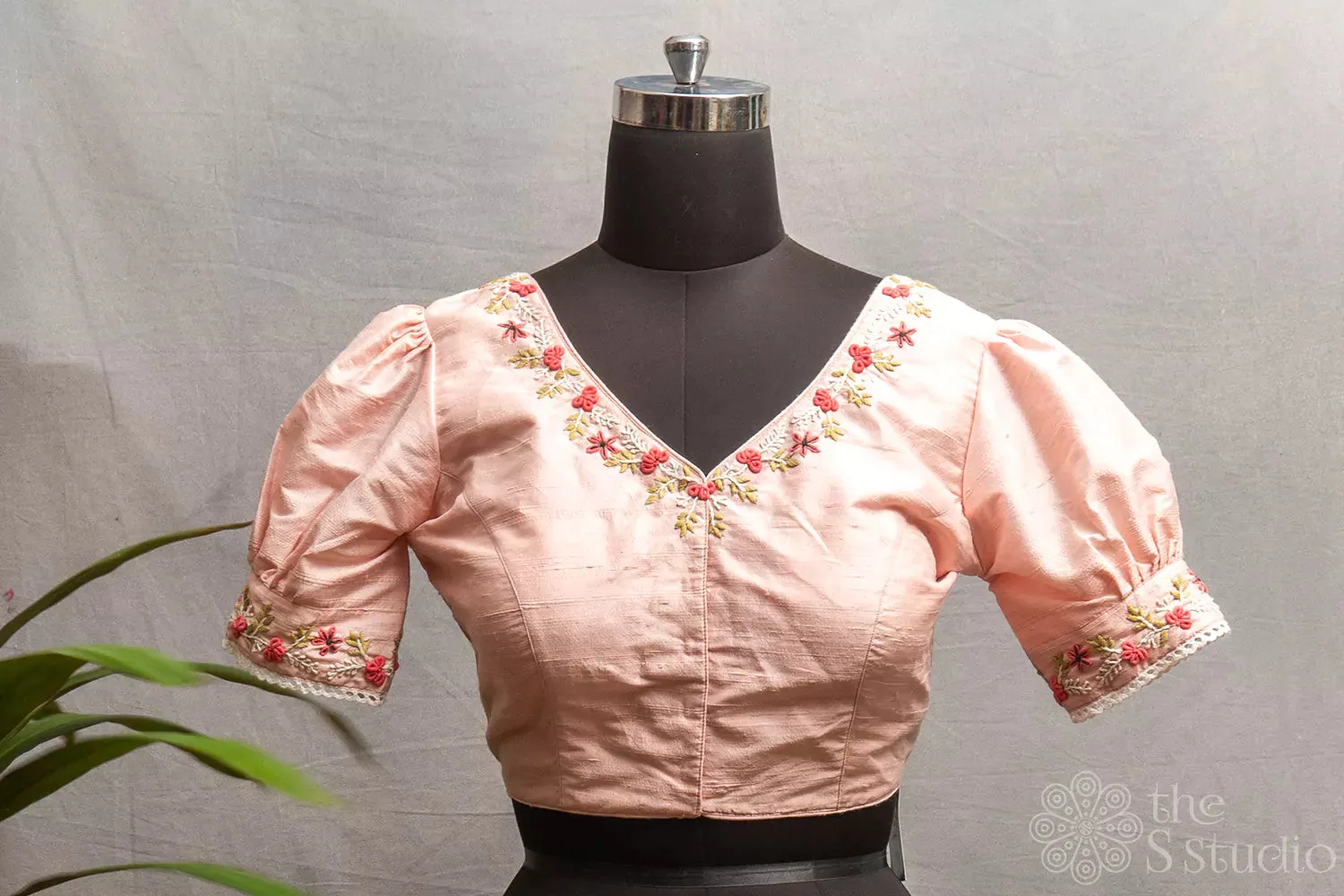 Pastel pink raw silk readymade blouse with puff sleeves
