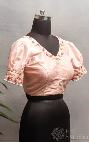 Pastel pink raw silk readymade blouse with puff sleeves
