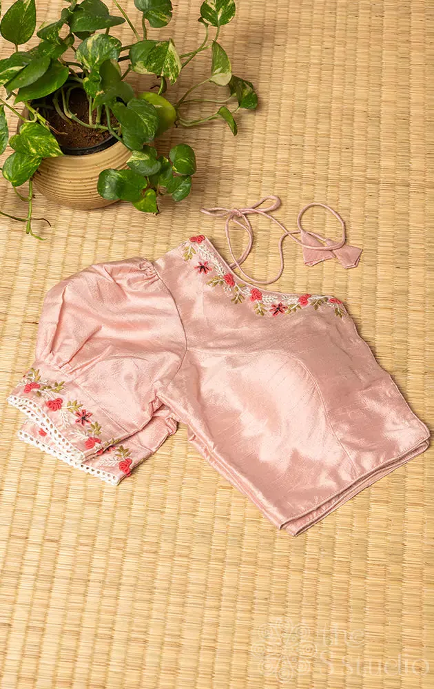 Pastel pink raw silk readymade blouse with puff sleeves