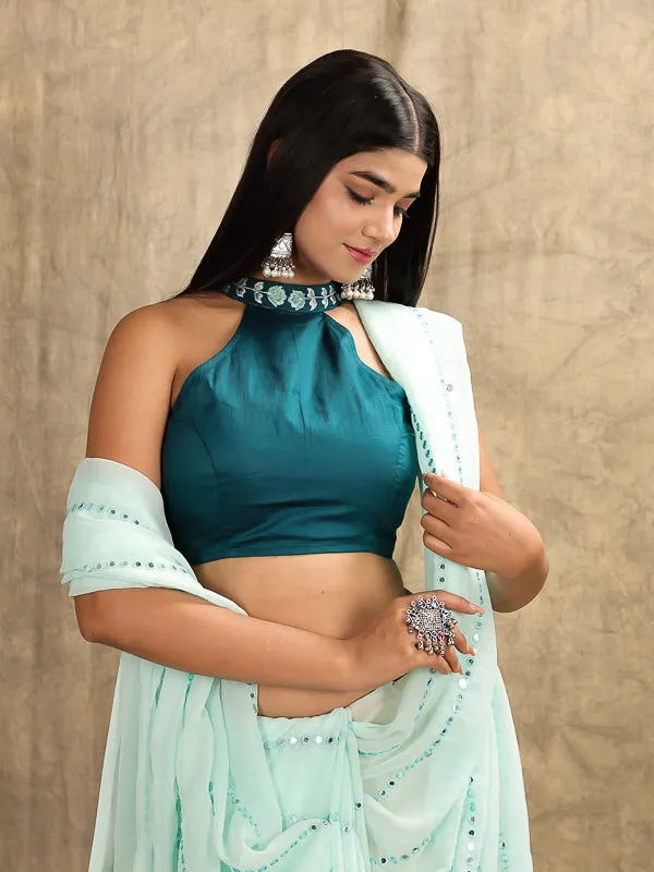 Peacock Blue Halter Neck Embroidered Blouse