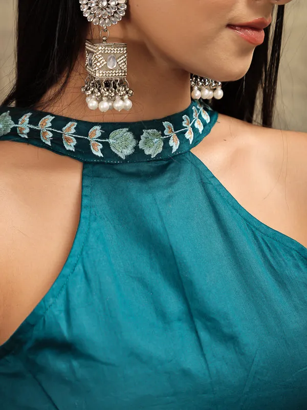 Peacock Blue Halter Neck Embroidered Blouse