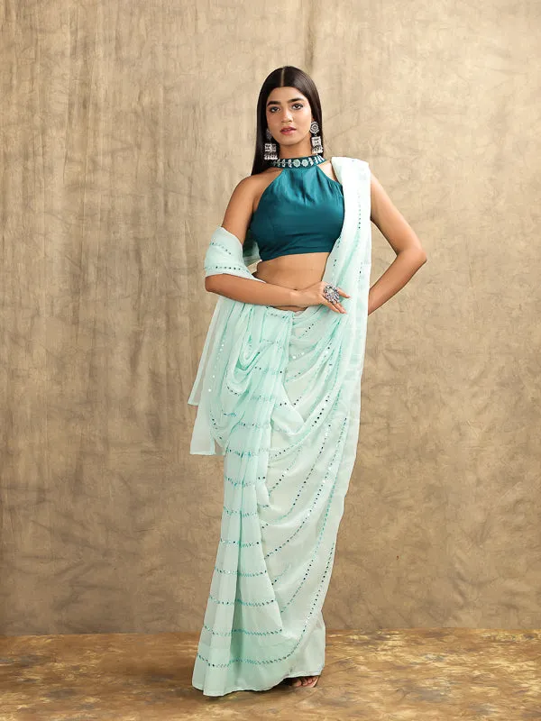 Peacock Blue Halter Neck Embroidered Blouse