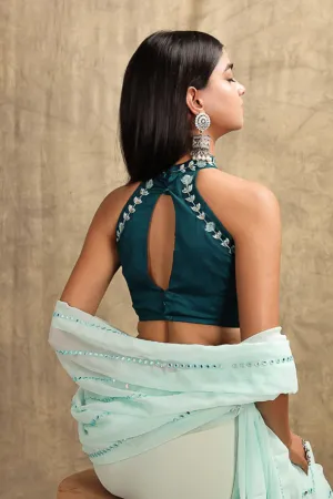 Peacock Blue Halter Neck Embroidered Blouse