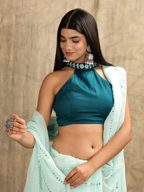 Peacock Blue Halter Neck Embroidered Blouse