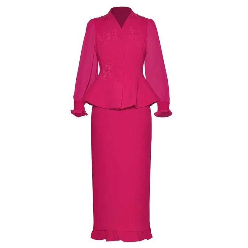 Philippa Single Breasted  Embroidered Top    Pencil Skirt 2 piece Set