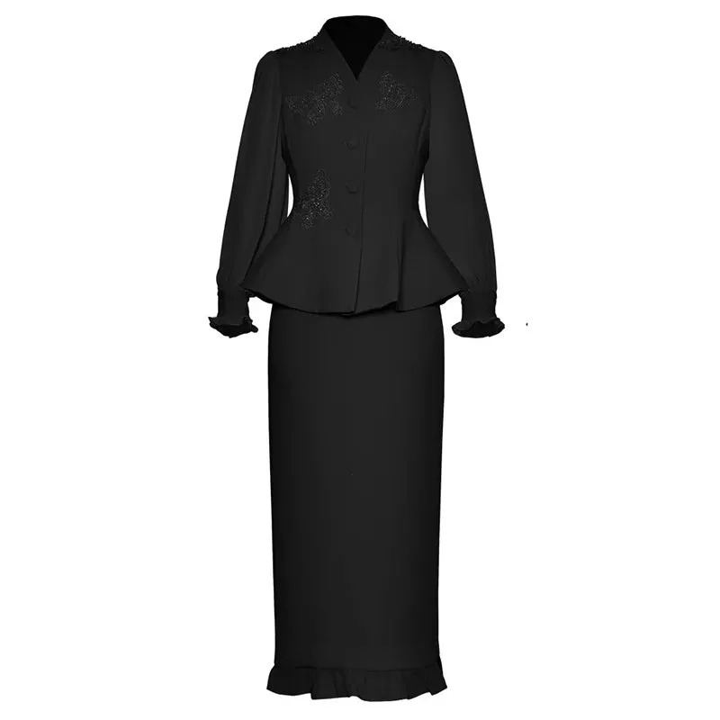 Philippa Single Breasted  Embroidered Top    Pencil Skirt 2 piece Set