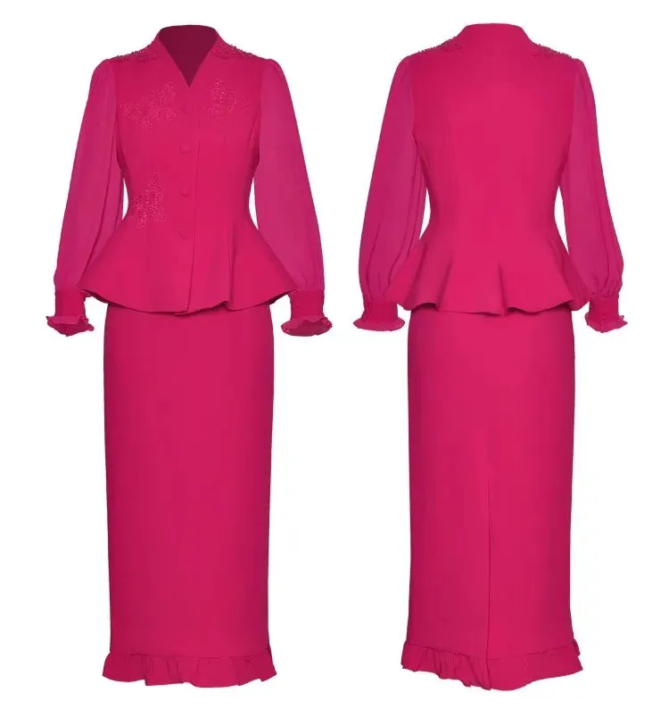 Philippa Single Breasted  Embroidered Top    Pencil Skirt 2 piece Set