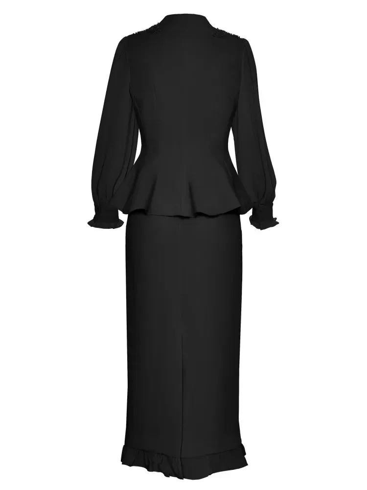 Philippa Single Breasted  Embroidered Top    Pencil Skirt 2 piece Set