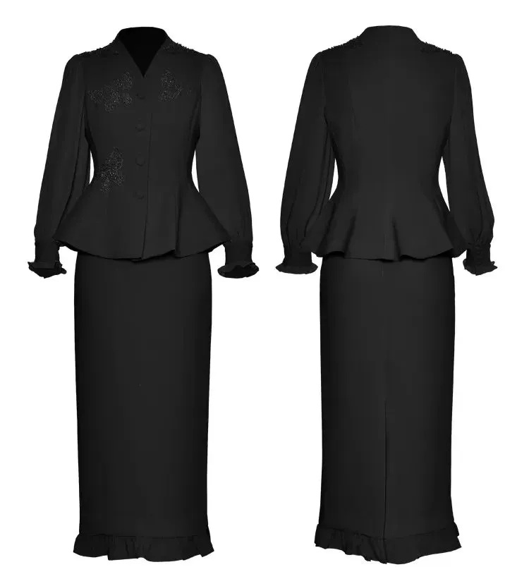 Philippa Single Breasted  Embroidered Top    Pencil Skirt 2 piece Set