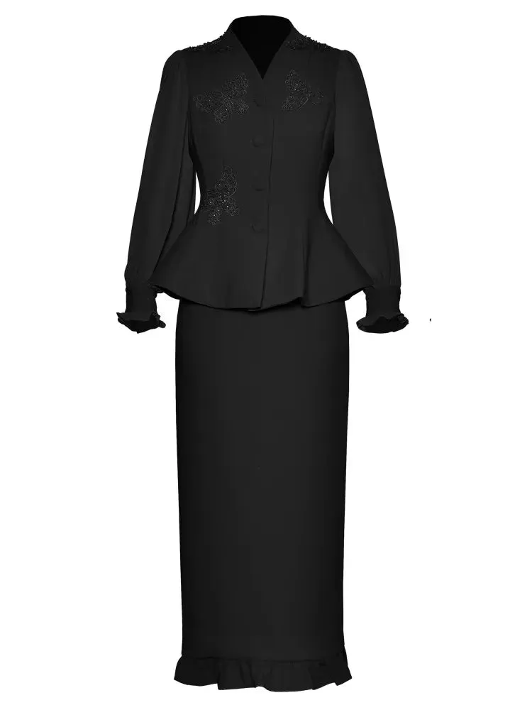 Philippa Single Breasted  Embroidered Top    Pencil Skirt 2 piece Set