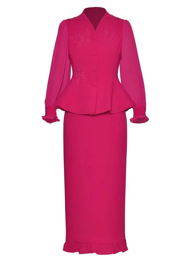 Philippa Single Breasted  Embroidered Top    Pencil Skirt 2 piece Set