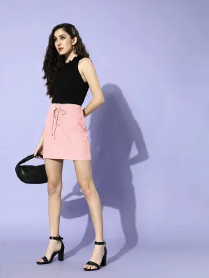 Pink Corduroy Front Tie-Up Mini Skirt