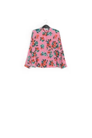 Pink floral and polka dot silk buttoned blouse