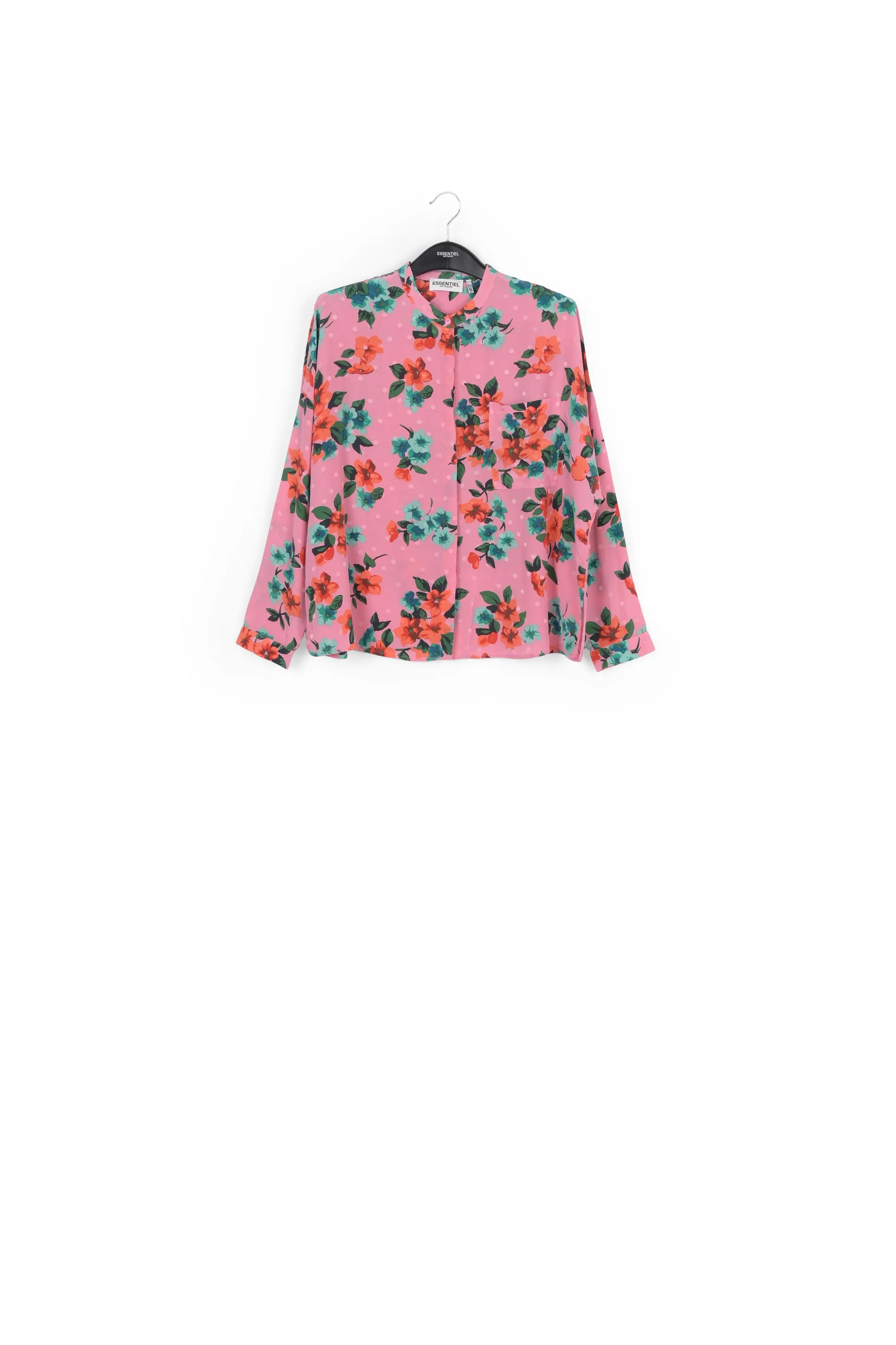 Pink floral and polka dot silk buttoned blouse