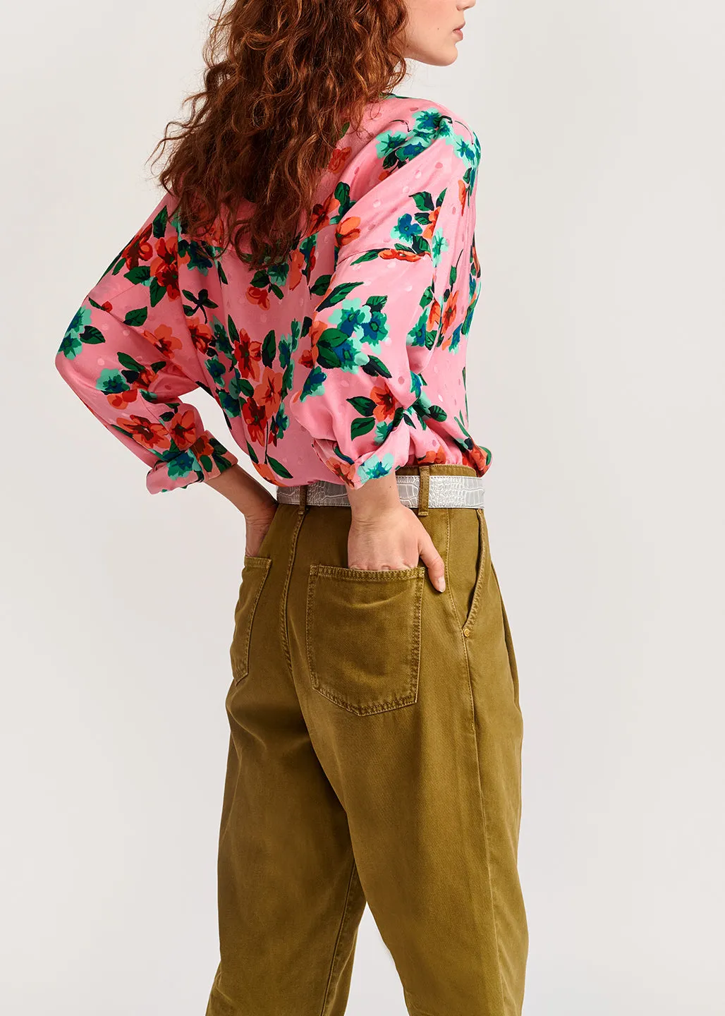 Pink floral and polka dot silk buttoned blouse