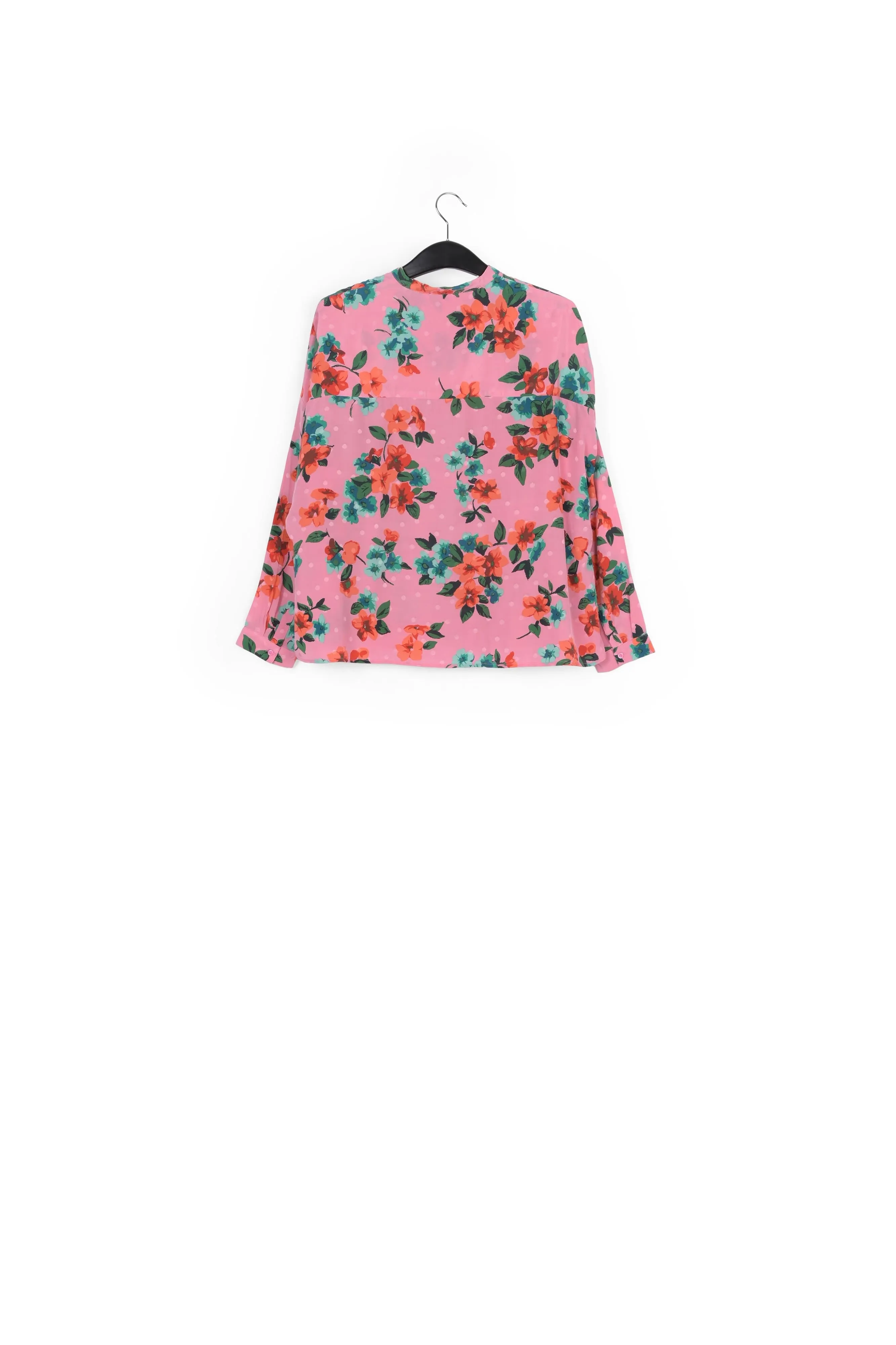 Pink floral and polka dot silk buttoned blouse