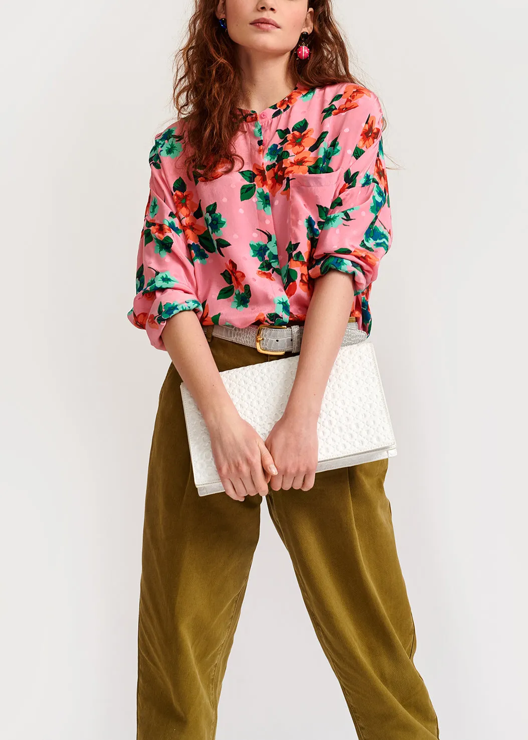 Pink floral and polka dot silk buttoned blouse