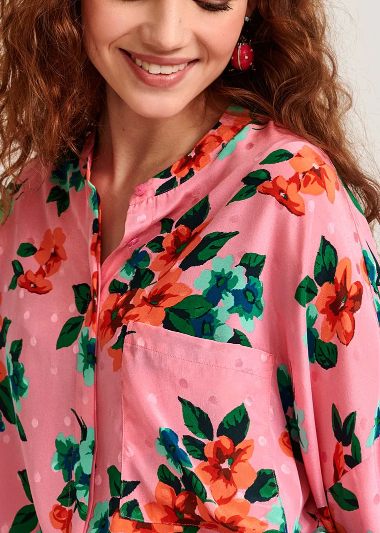 Pink floral and polka dot silk buttoned blouse