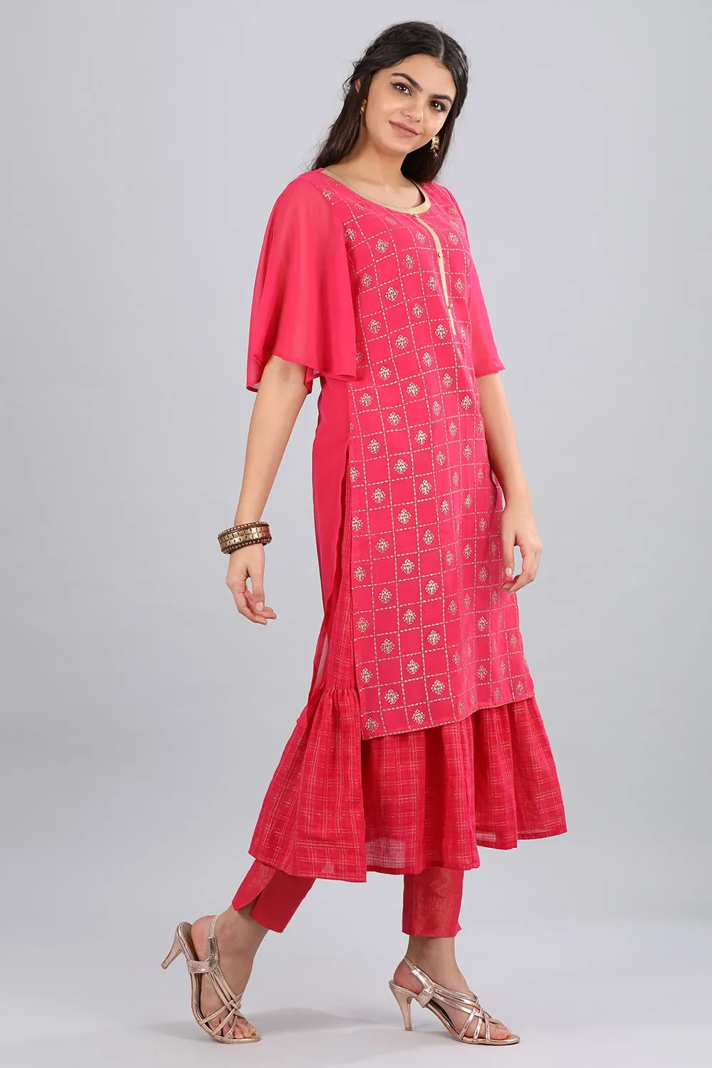 Pink Round Neck Printed kurta