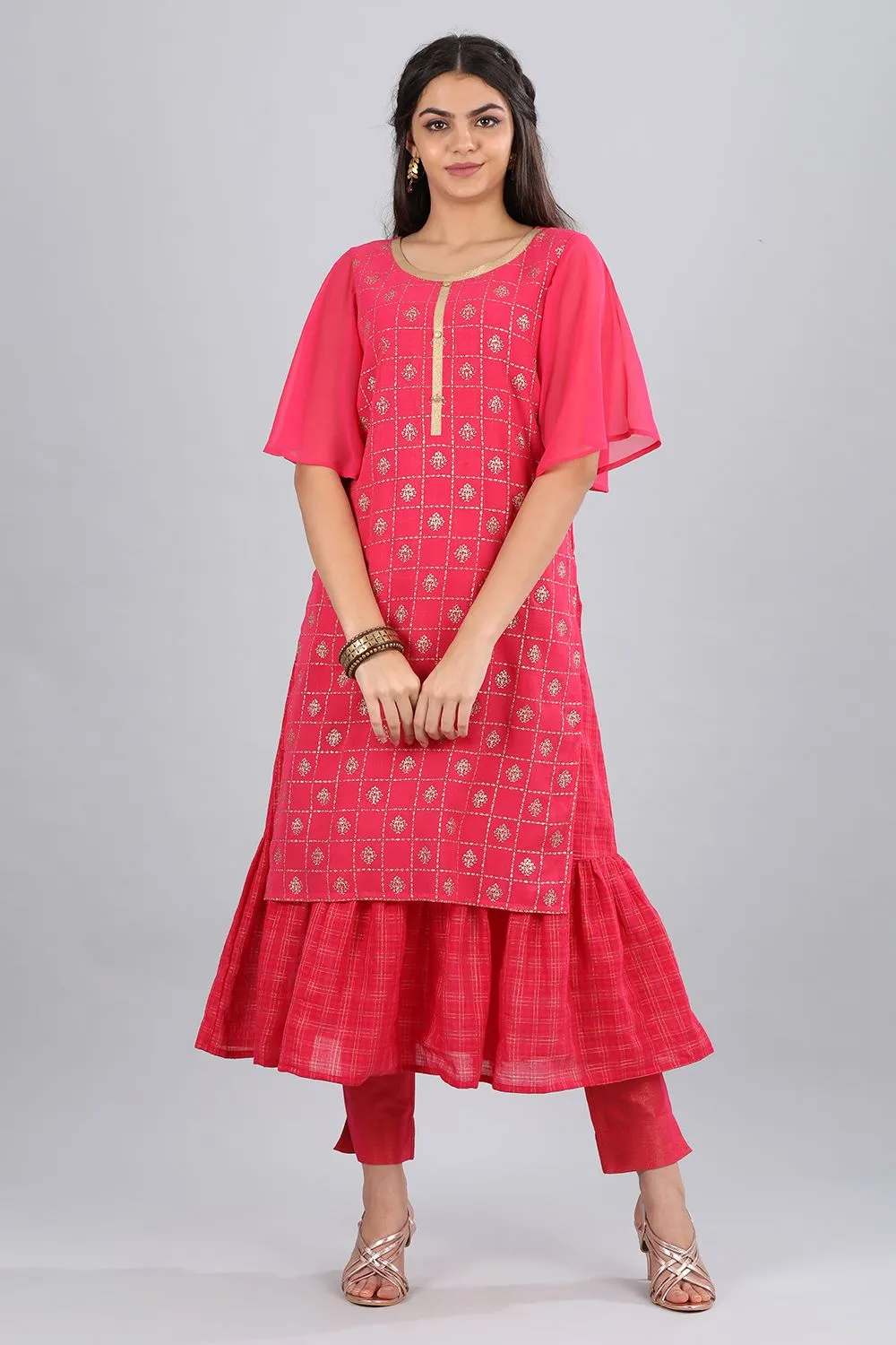 Pink Round Neck Printed kurta