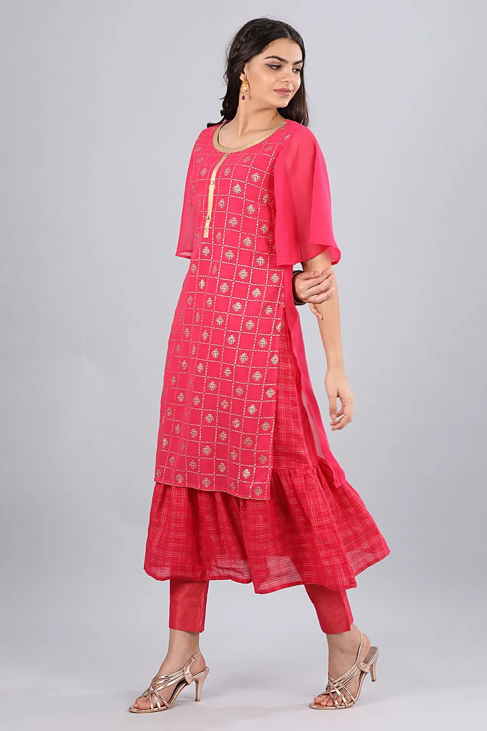Pink Round Neck Printed kurta