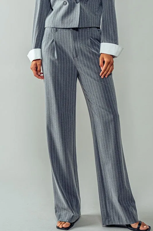 Pinstriped Front Pleated Straight Leg Pants