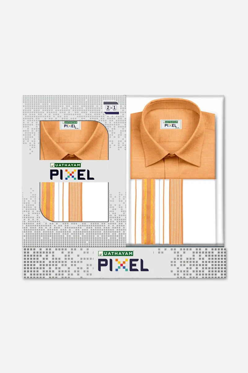 Pixel - Orange Matching Shirt and Double Design Fancy Border Dhoti Set For Men | Uathayam