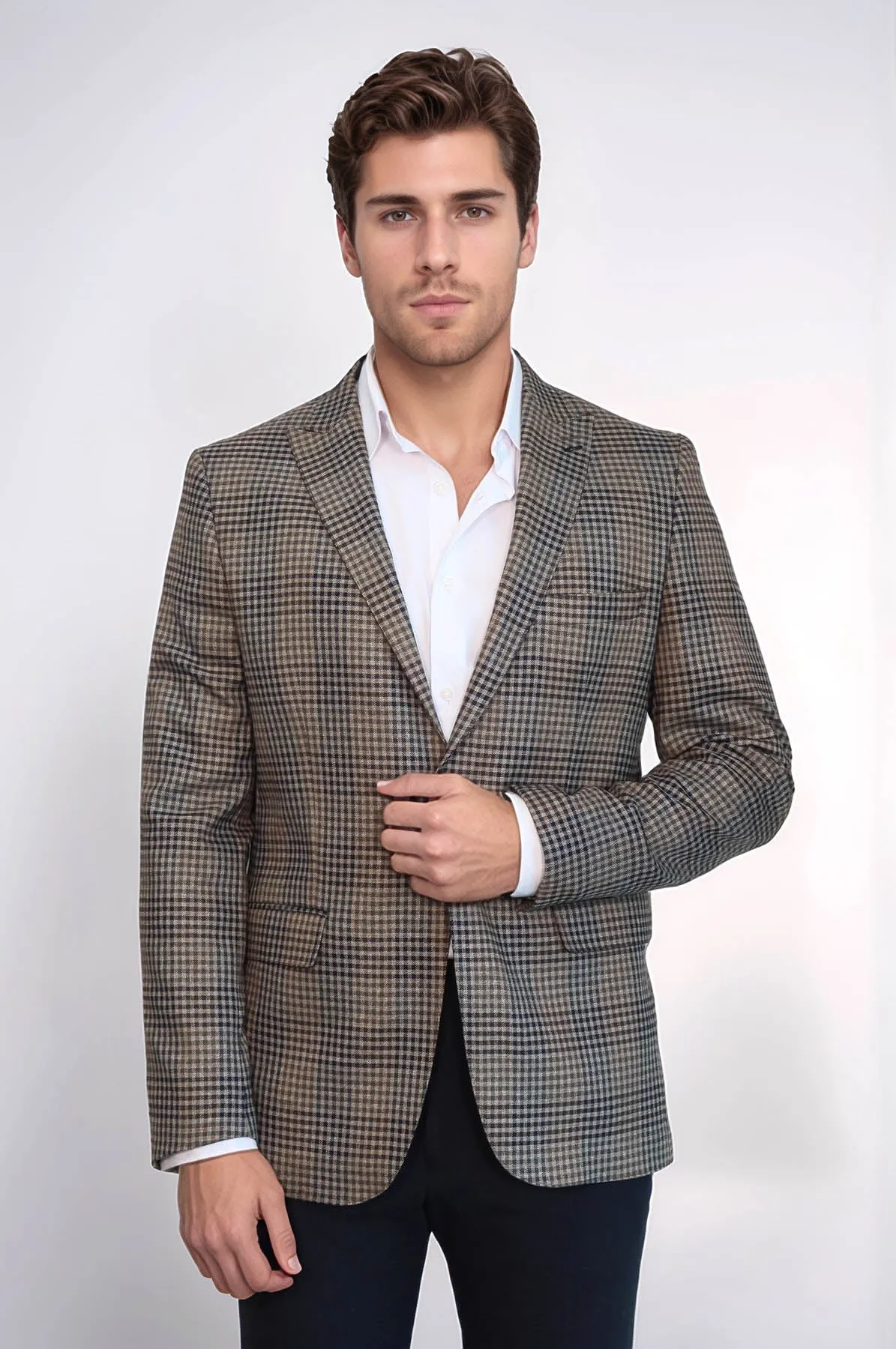 Plaid Slim-Fit Brown Men Blazer - Wessi