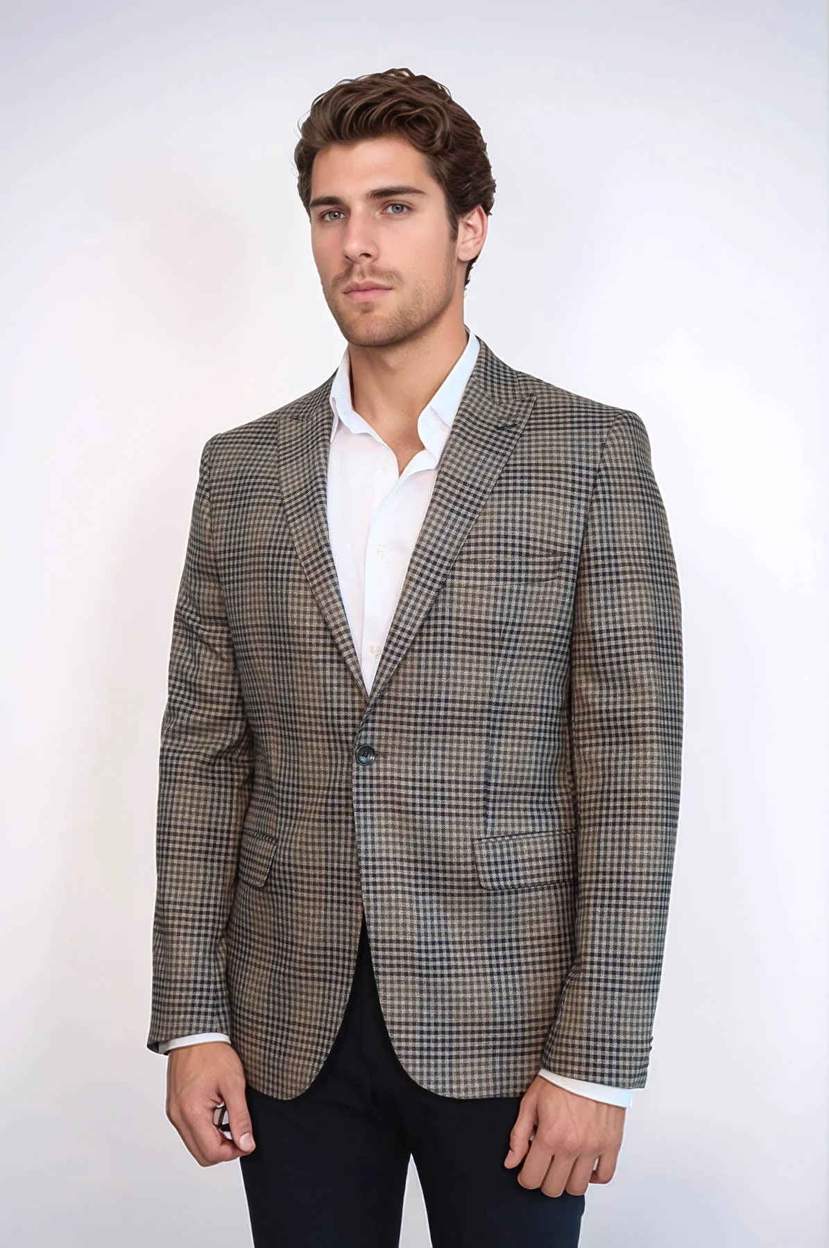 Plaid Slim-Fit Brown Men Blazer - Wessi