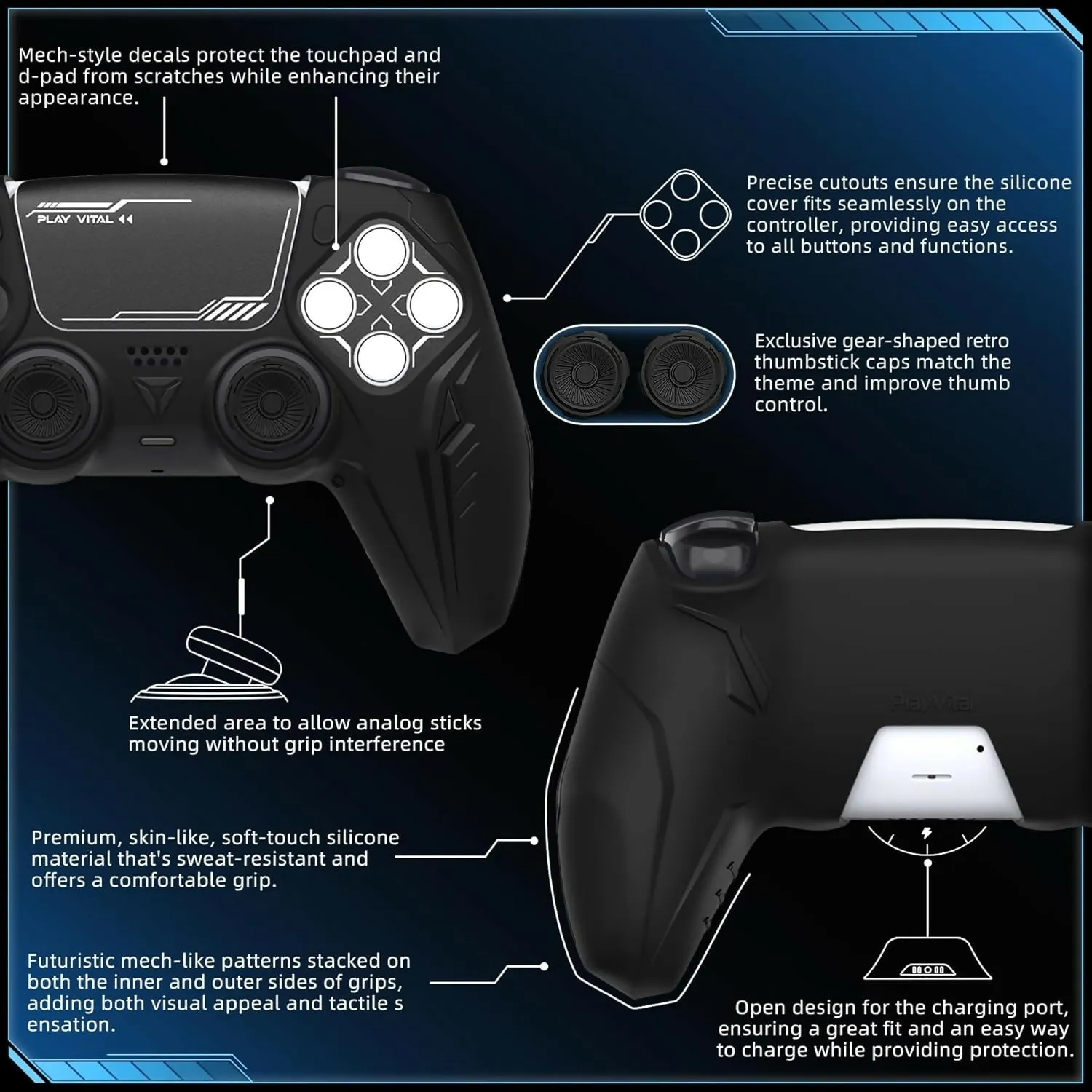 PlayVital CyberMecha Series - Dockable Model - Anti-Slip Premium Silicone Skin for PS5 Controllers - 2 Pair Set - Futuristic Design - Compatible with PS5 Official Charging Dock - Thumb Grip Caps included - Black