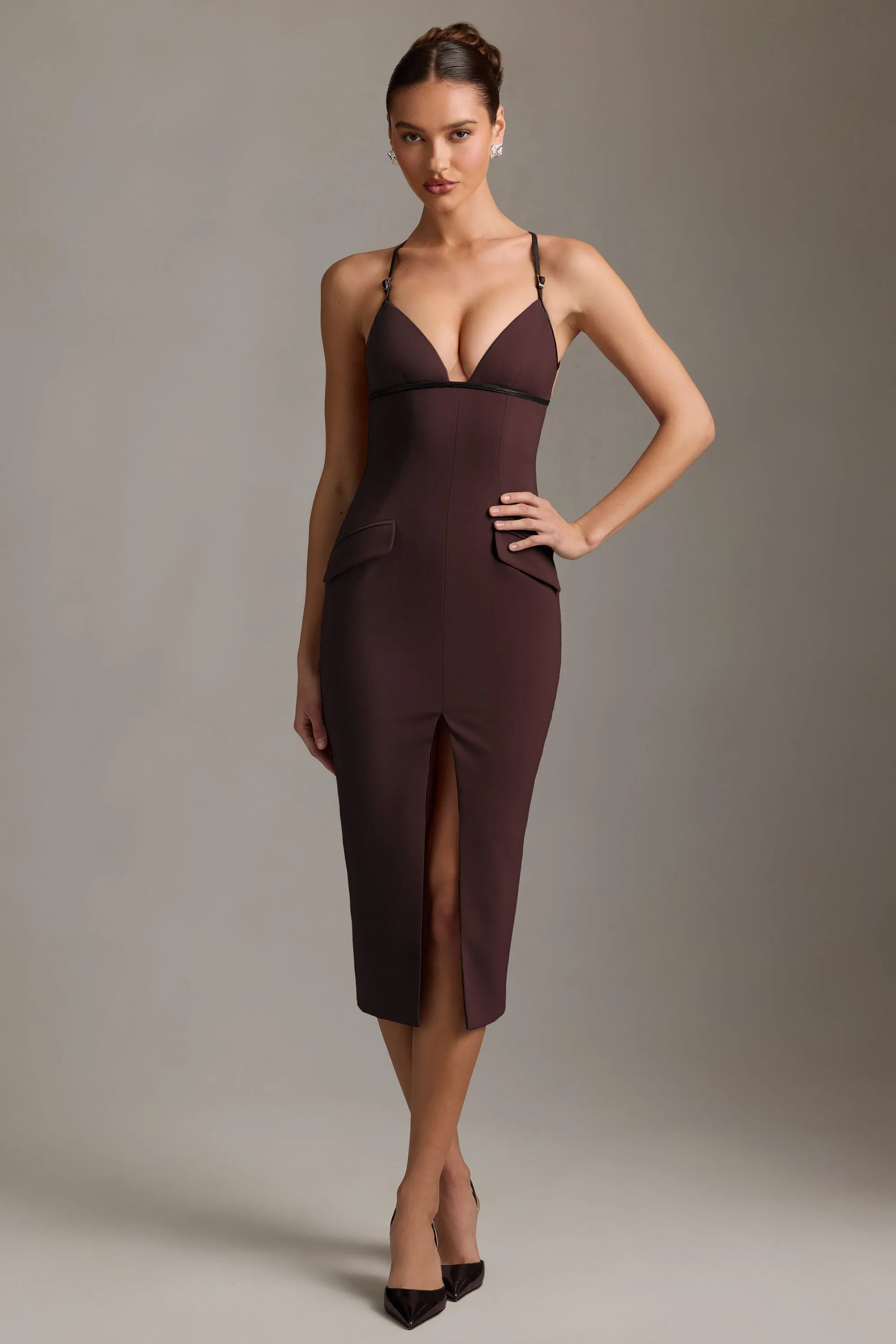 Plunge-Neck Backless Midaxi Dress in Chocolate Brown