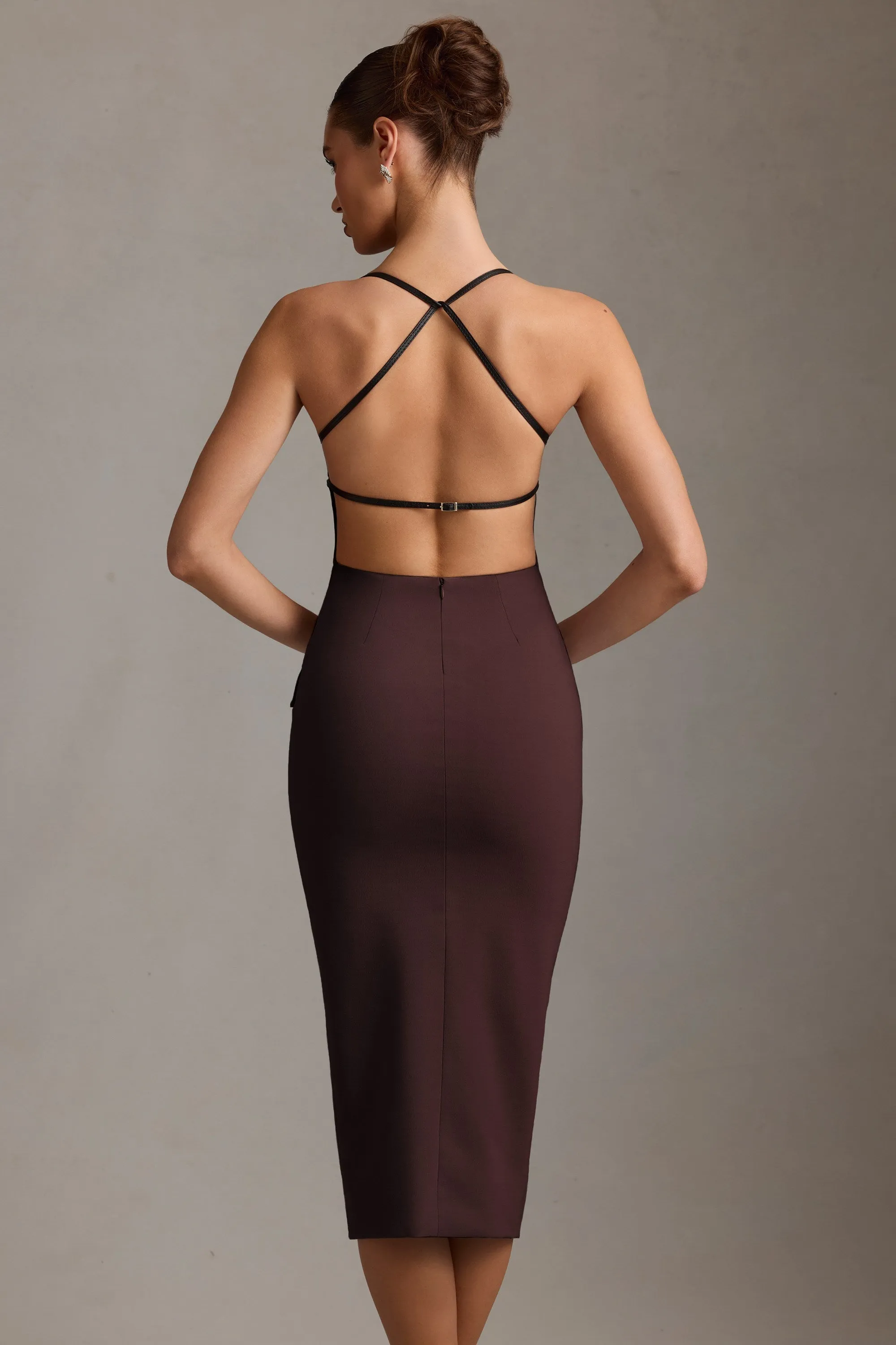 Plunge-Neck Backless Midaxi Dress in Chocolate Brown