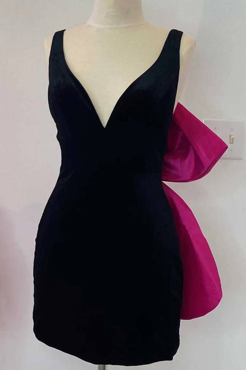 Plunge V Bow Back Bodycon Mini Party Dresses