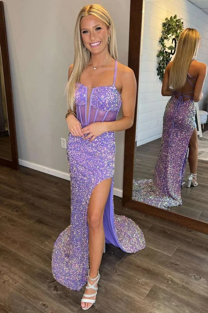 Plunging Neck Straps Sequin Prom Dresses