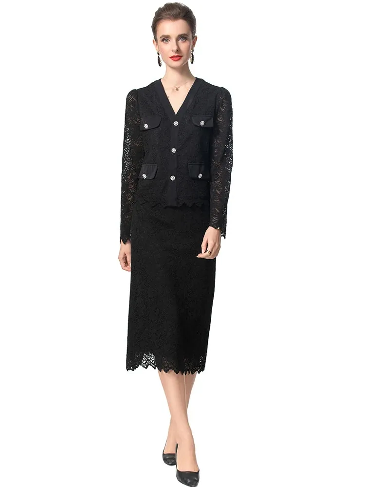 Poppy Crystal Button Tops   Pencil Skirt Black Lace 2 Piece Set