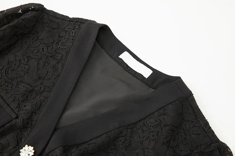 Poppy Crystal Button Tops   Pencil Skirt Black Lace 2 Piece Set