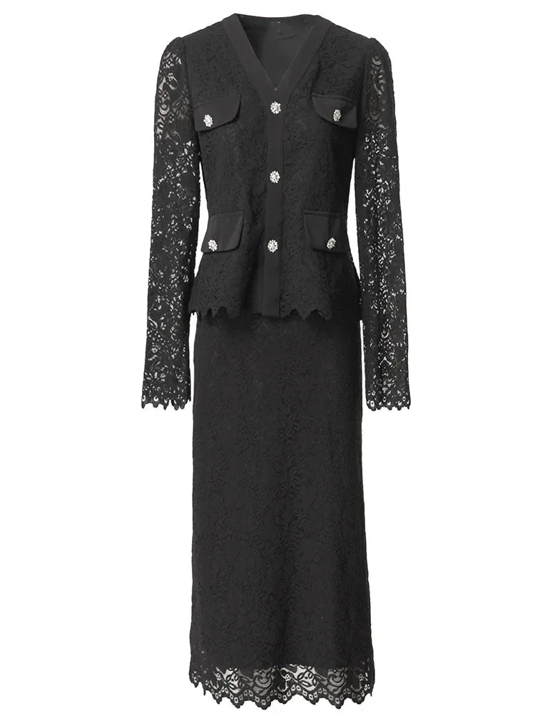Poppy Crystal Button Tops   Pencil Skirt Black Lace 2 Piece Set
