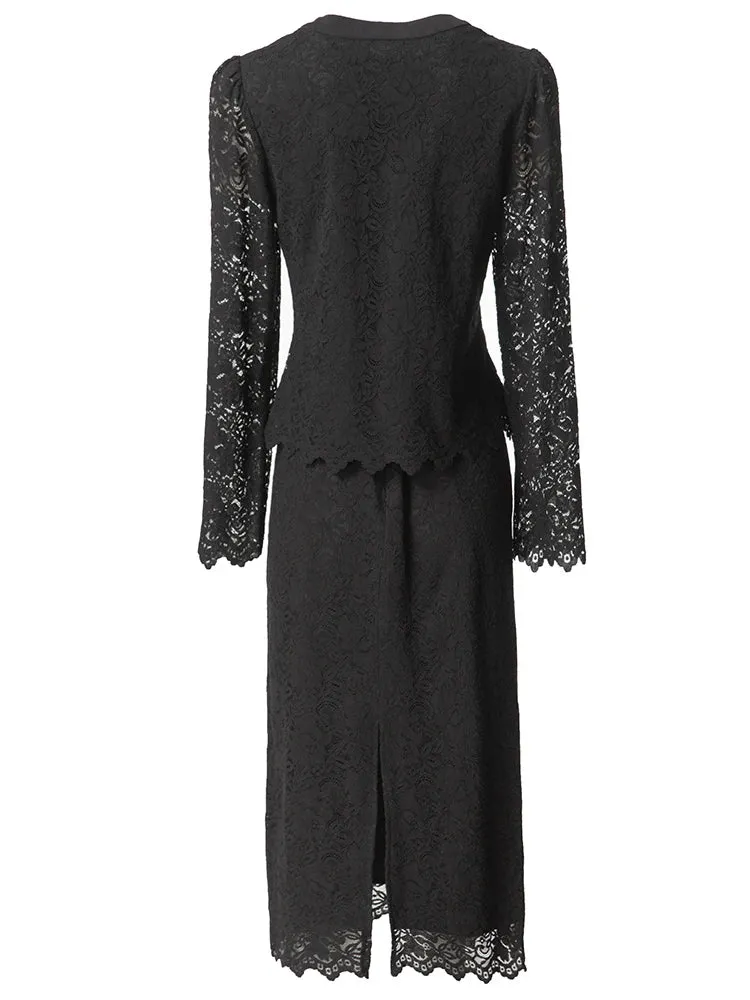 Poppy Crystal Button Tops   Pencil Skirt Black Lace 2 Piece Set