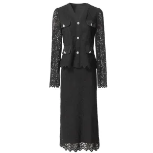 Poppy Crystal Button Tops   Pencil Skirt Black Lace 2 Piece Set
