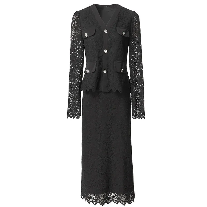 Poppy Crystal Button Tops   Pencil Skirt Black Lace 2 Piece Set